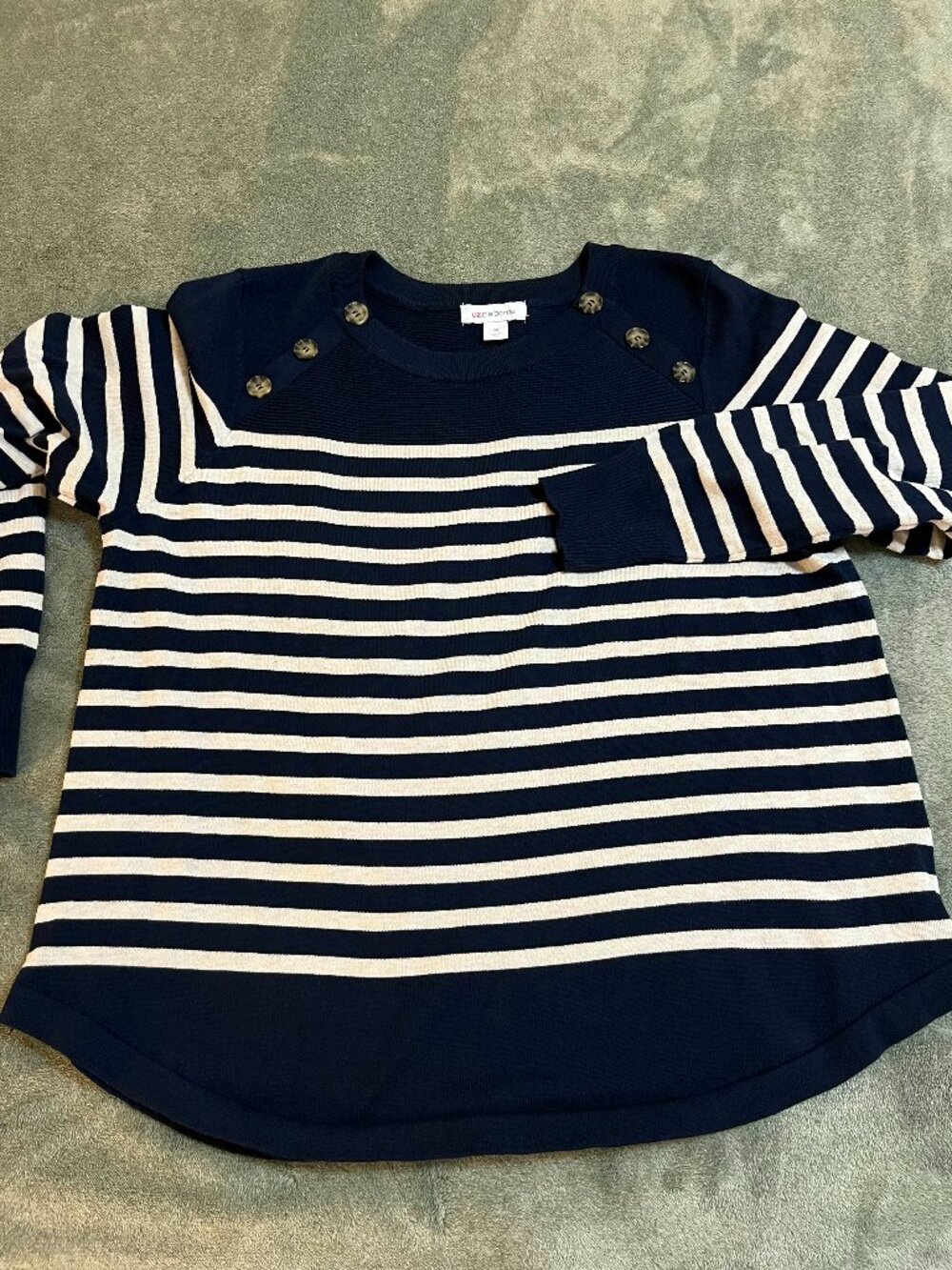 Liz Claiborne womens striped sweater button detail navy white curved hem 0X